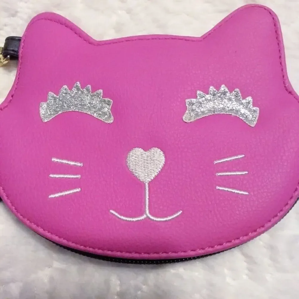 Luv Betsey Johnson Hot Pink Cat Face Wristlet Wallet Silver Glitter Eyebrows - Picture 2 of 6